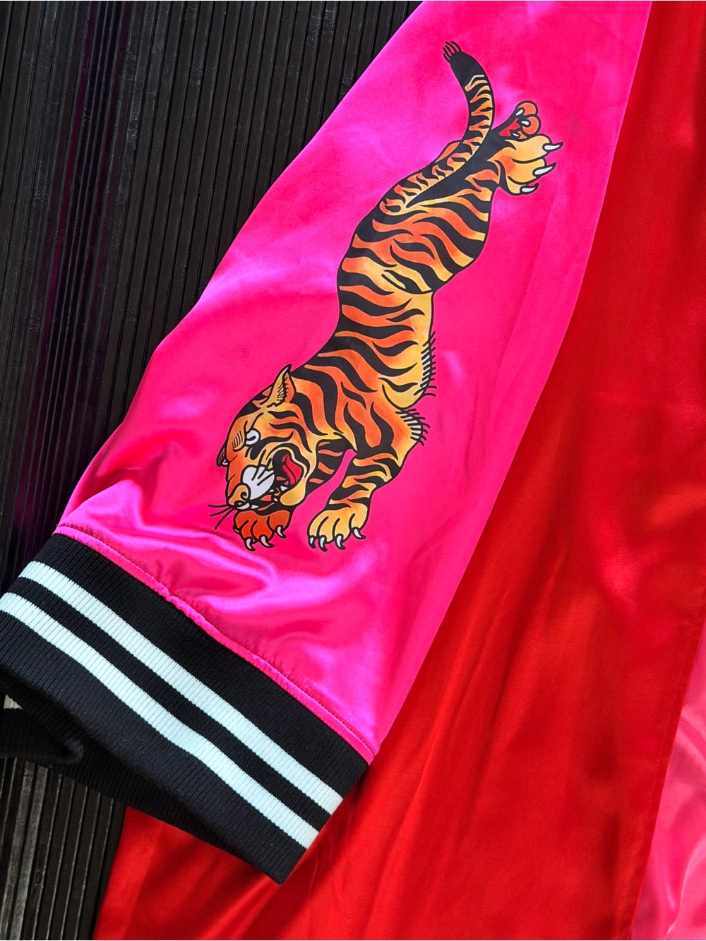 Dressed in LALA Red and Hot Pink Satin Bomber Cape - Picture 6 of 7